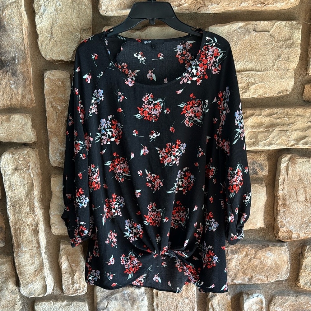 Gibson Black Floral 3/4 Sleeve Blouse size l